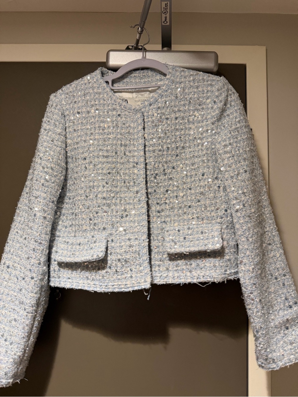 Zara Light Blue Tweed Sequin-Embellished Cropped Blazer